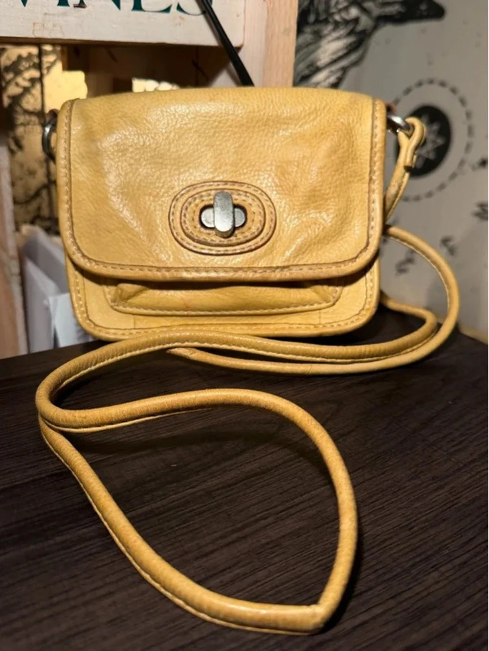 Vintage Yellow Leather Fossil Crossbody Purse